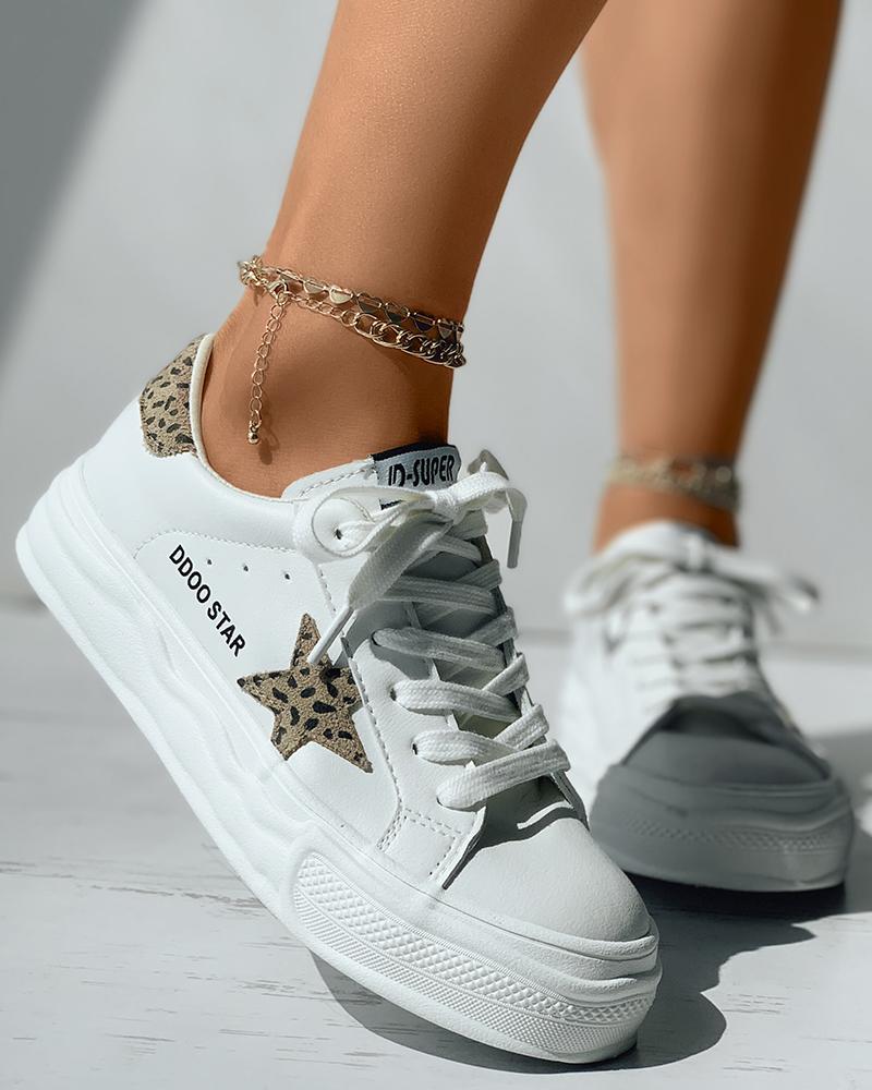 

Cheetah Letter Print Star Pattern Lace-up Sneakers, White
