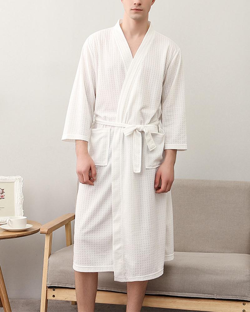 

Solid Color Lace-up Long Sleeve Nightgown, White