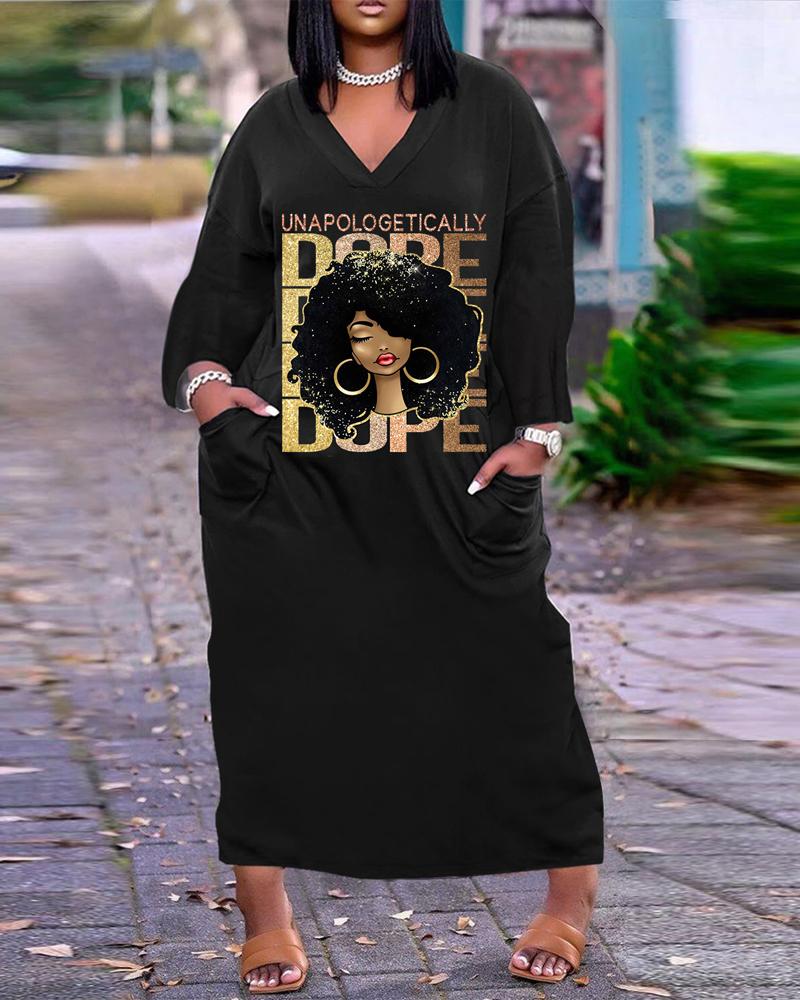 

Plus Size Figure Letter Print Pocket Design Maxi Dress, Black