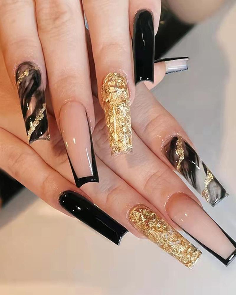 

24PCS Glossy Luxury Press On Nails Glitter Extra Long Coffin Fake Nails Full Cover Stick On False Nail Set, Gold