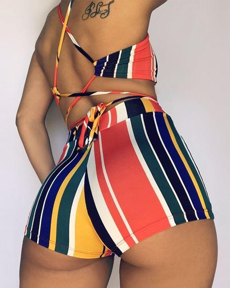 

Crisscross Backless Striped Print Colorblock Top & Shorts Set, Multicolor