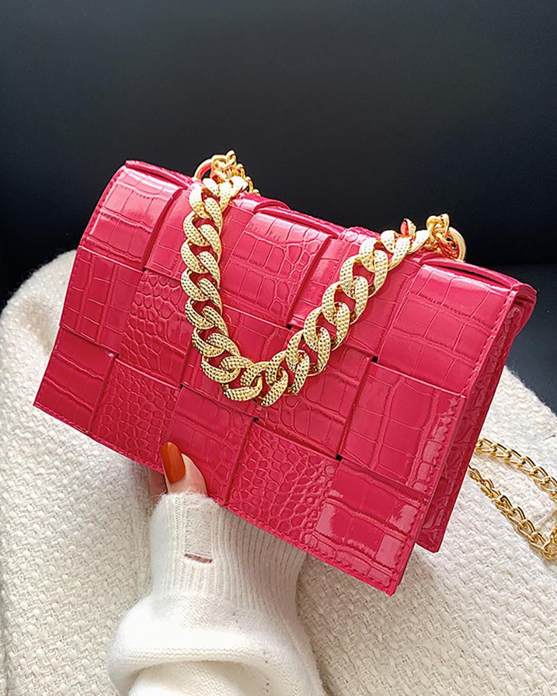 

Crocodile Braided Chain Strap Crossbody Handbag, Hot pink