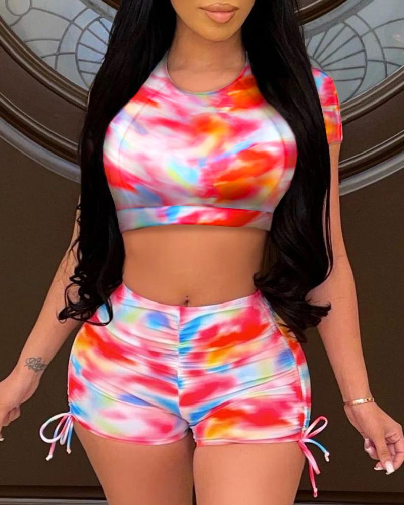 

Tie Dye Print Short Sleeve Crop Top & Drawstring Shorts Set, Multicolor