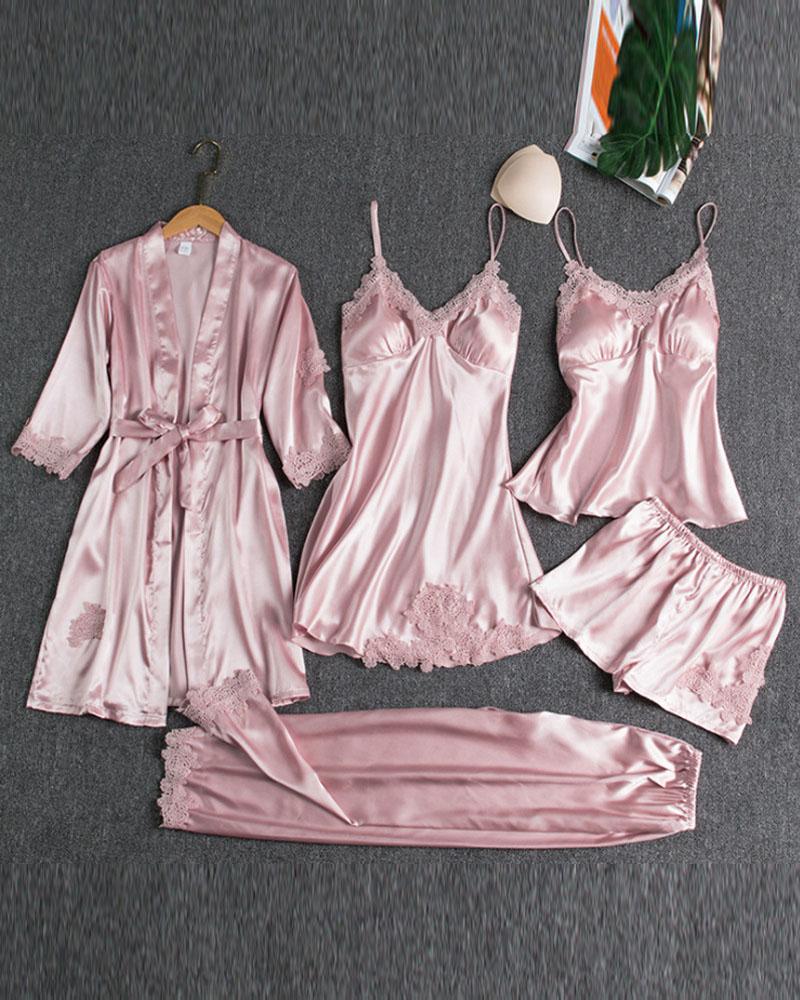 

5PCS Contrast Lace Cami Set With Nightdress & Belted Robe, Pink
