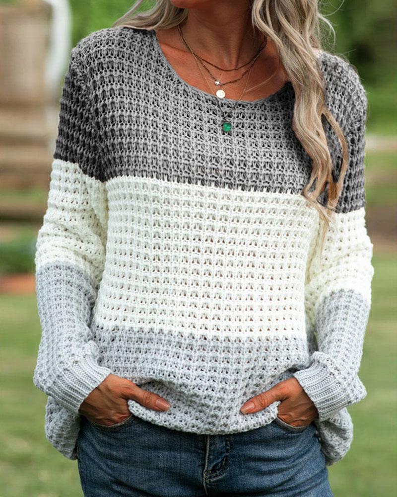 

Color Block Long Sleeve Knit Sweater, Gray