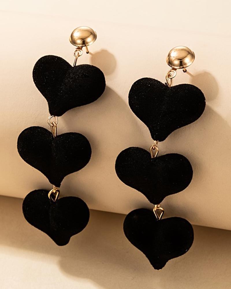 1Pair Black Love Velvet Layered Heart Dangle Earrings