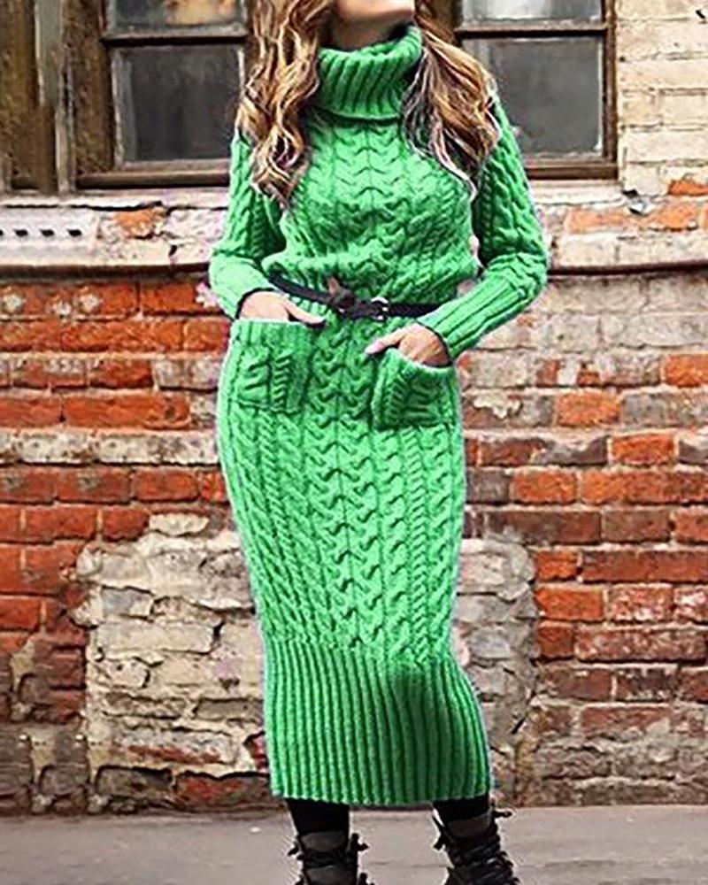 

High Neck Long Sleeve Braided Sweater Dress, Green