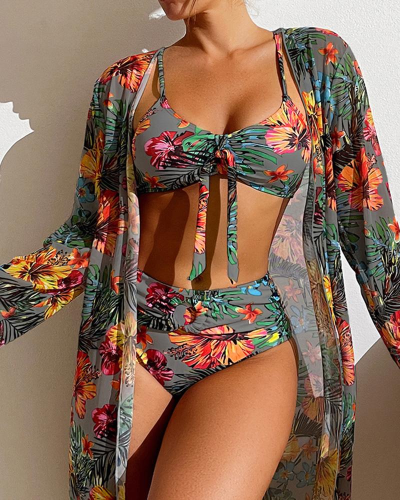 

3PCS Tropical Print Tied Detail Bikini Set With Cover Up, Gray
