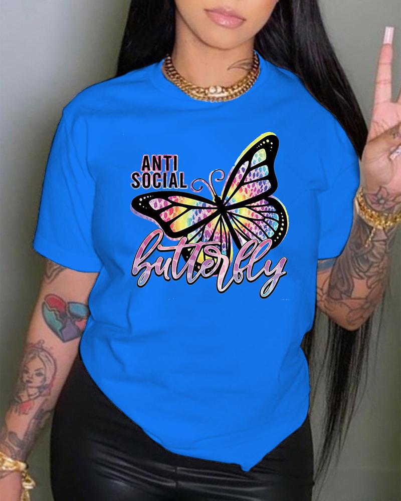 

Butterfly Letter Print Short Sleeve Casual T-shirt, Blue