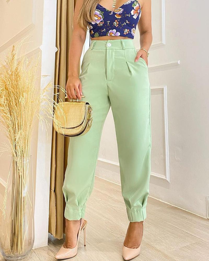 

Buttoned Pocket Design High Waisted Casual Pants, Green