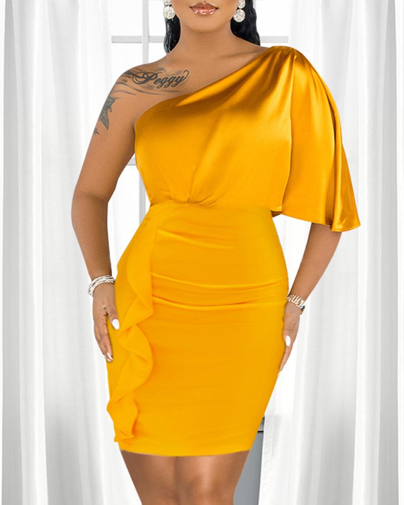 

Solid One Shoulder Ruffle Hem Satin Dress, Yellow