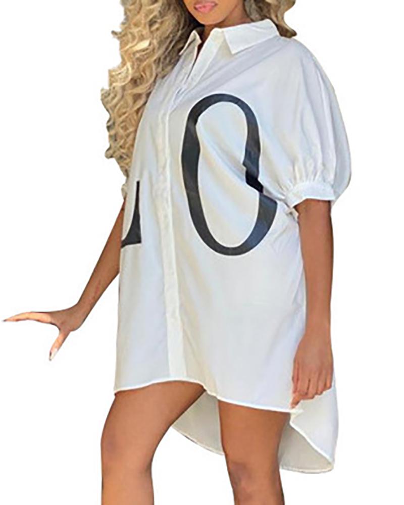 

Letter Print Puff Sleeve Buttoned Casual Dress, White