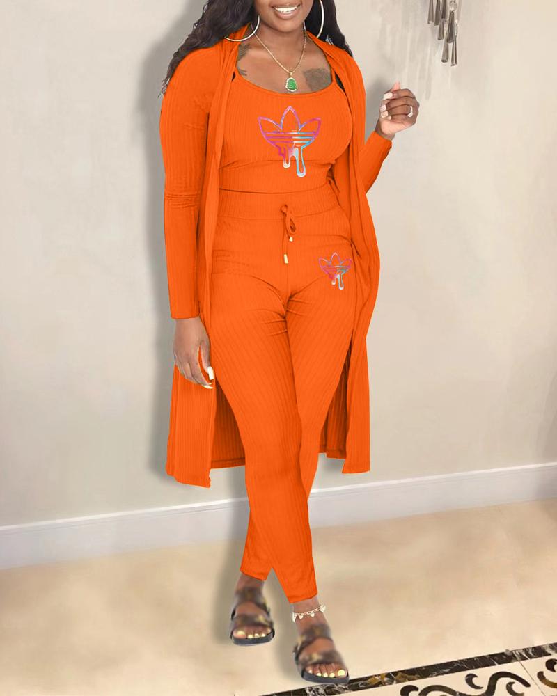 

3PCS Graphic Print Ribbed Cami Top & Pants Set With Coat, Orange