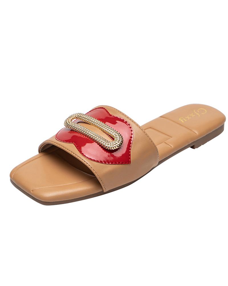 

Square Toe Casual Splicing Lips Flat Slippers, Brown