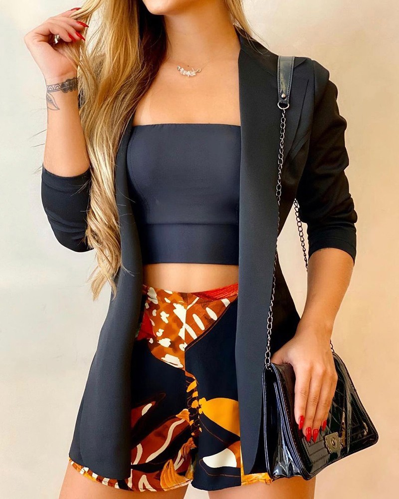 Off Shoulder Plain Crop Top & Blazer Coat Set Online  