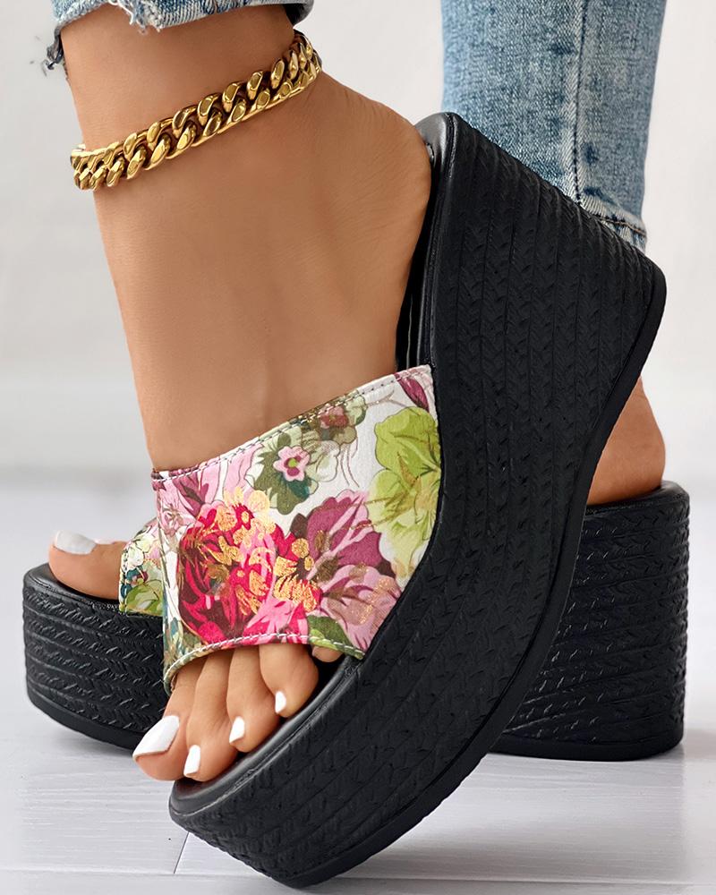 

Floral Print Peep Toe Platform Wedge Sandals, Green