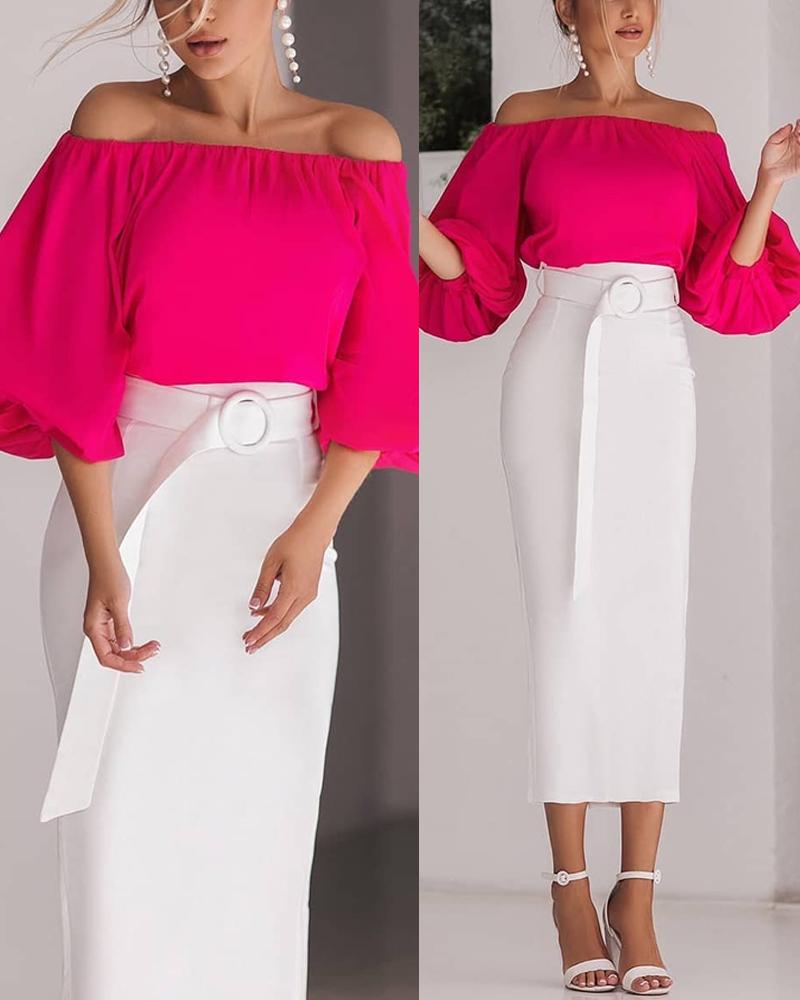 

Solid Off Shoulder Lantern Sleeve Top & Skirt Set, Hot pink