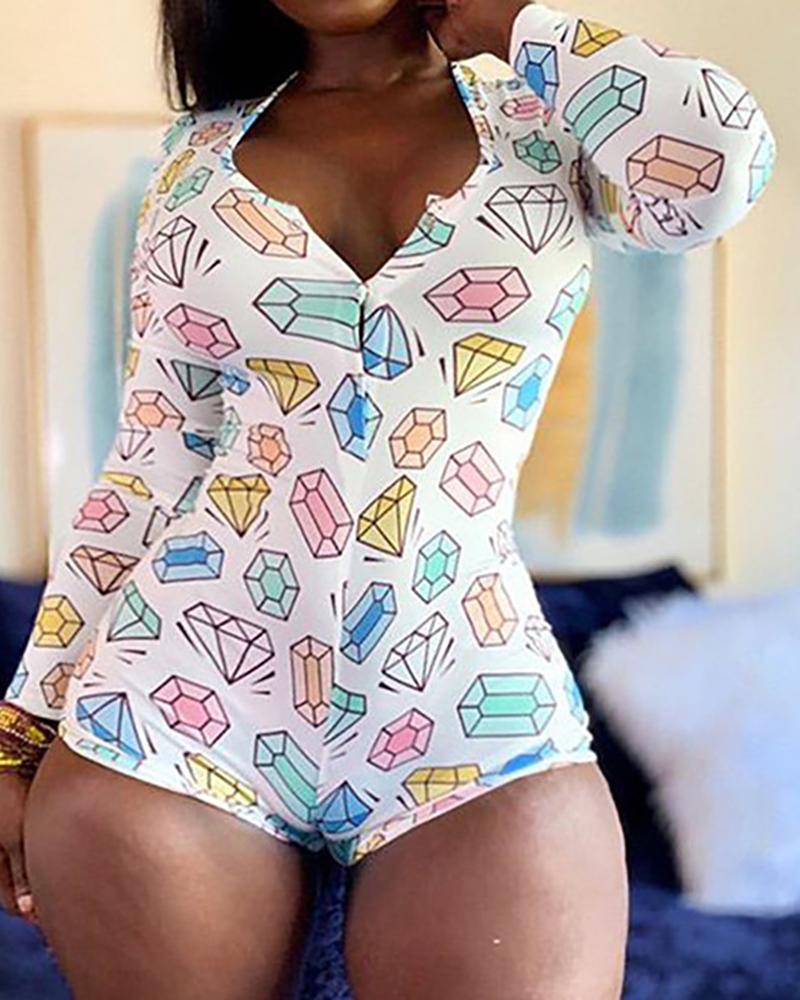 

Cartoon Letter Print Long Sleeve Romper, Style2