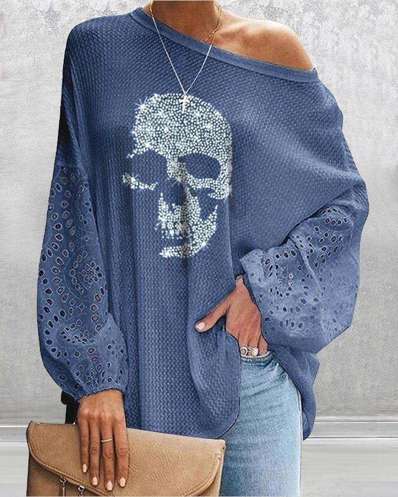 

Glitter Skeleton Lantern Sleeve Top, Blue