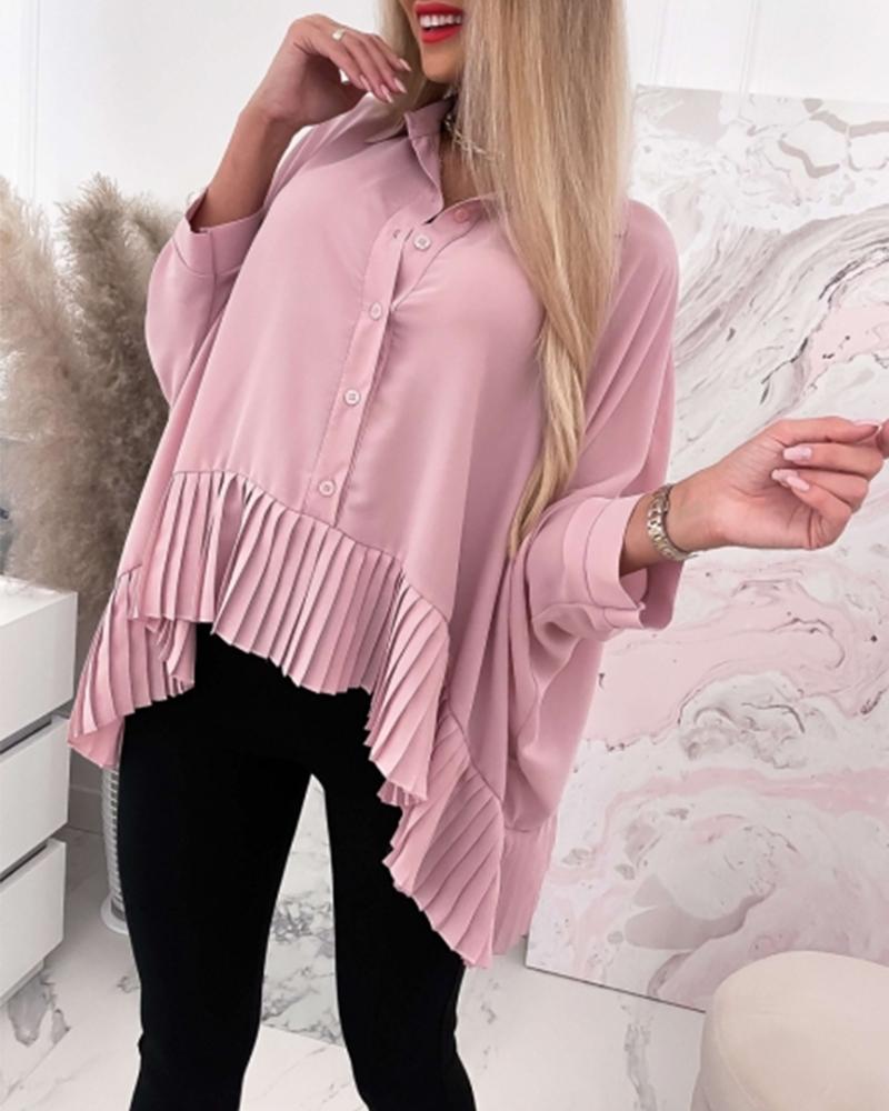 

Solid Fold Pleated Trim Batwing Sleeve Button Front Top, Pink