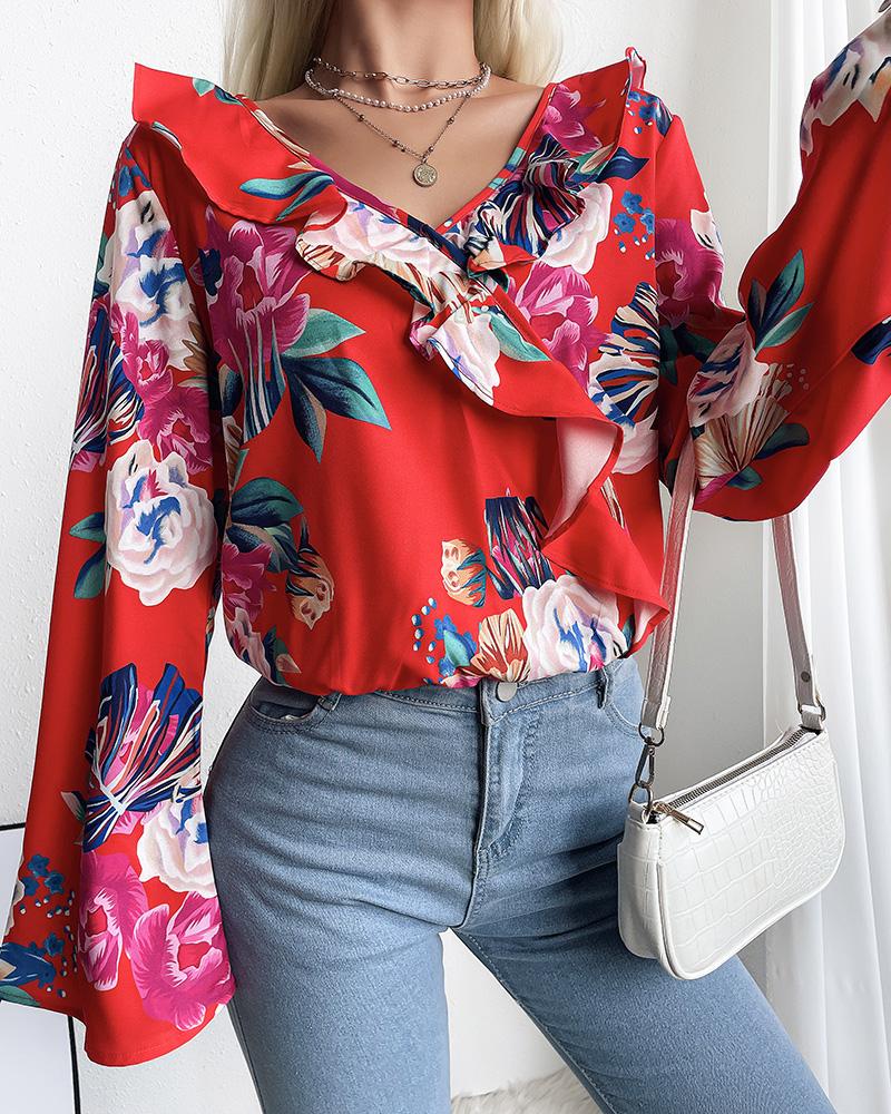 

Floral Print Bell Sleeve Ruffles Top, Red