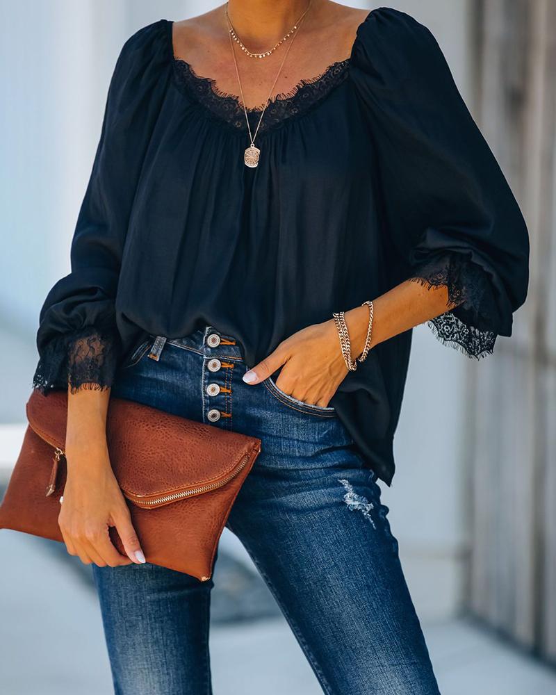 

Stitching Lace Long Sleeve Blouse, Black