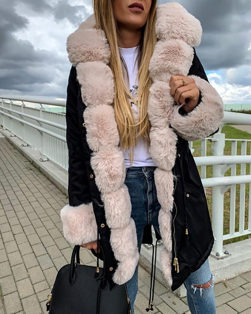 

PU Leather Faux Fur Patch Hooded Drawstring Coat, Light pink
