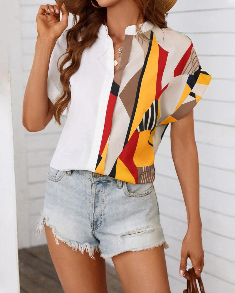 

Colorblock Geometric Print Stand Collar Shirt, Yellow
