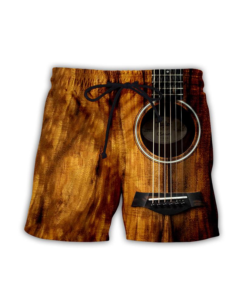 

3D Guitar Cartoon Print Loose Drawstring Shorts, Multicolor