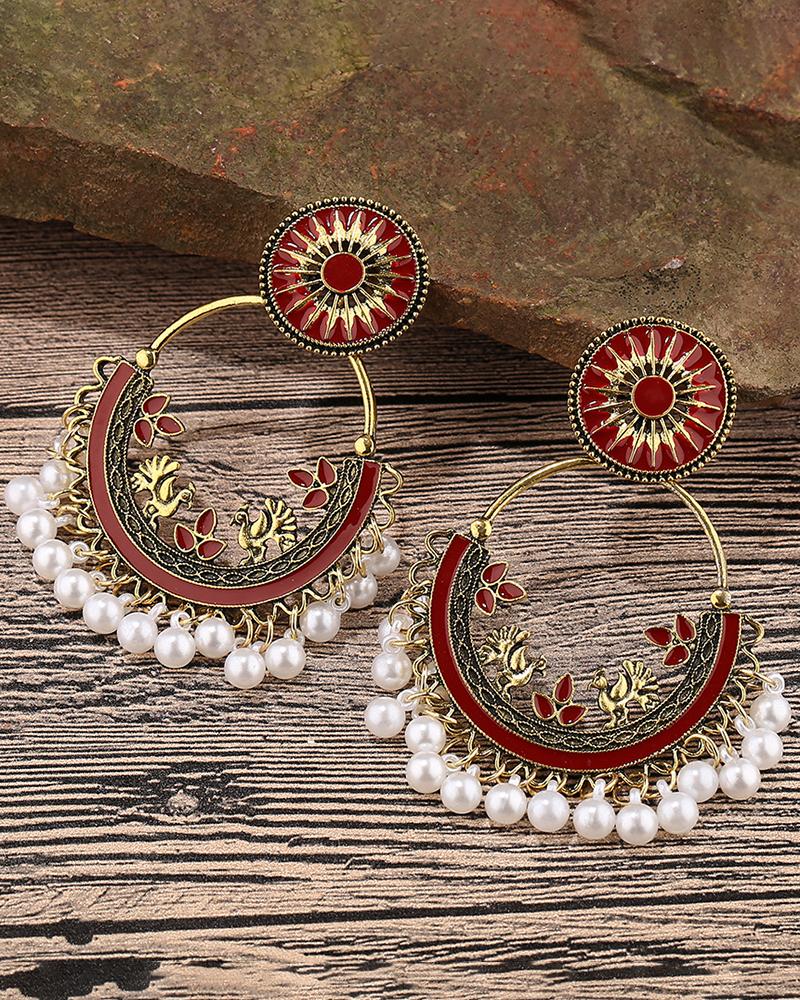 

1Pair Animal Floral Geometric Pattern Beaded Tassel Hoop Earrings, Red