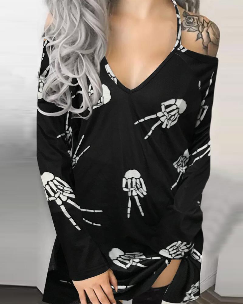 

Halloween Skeleton Print Cold Shoulder Casual Dress, Black