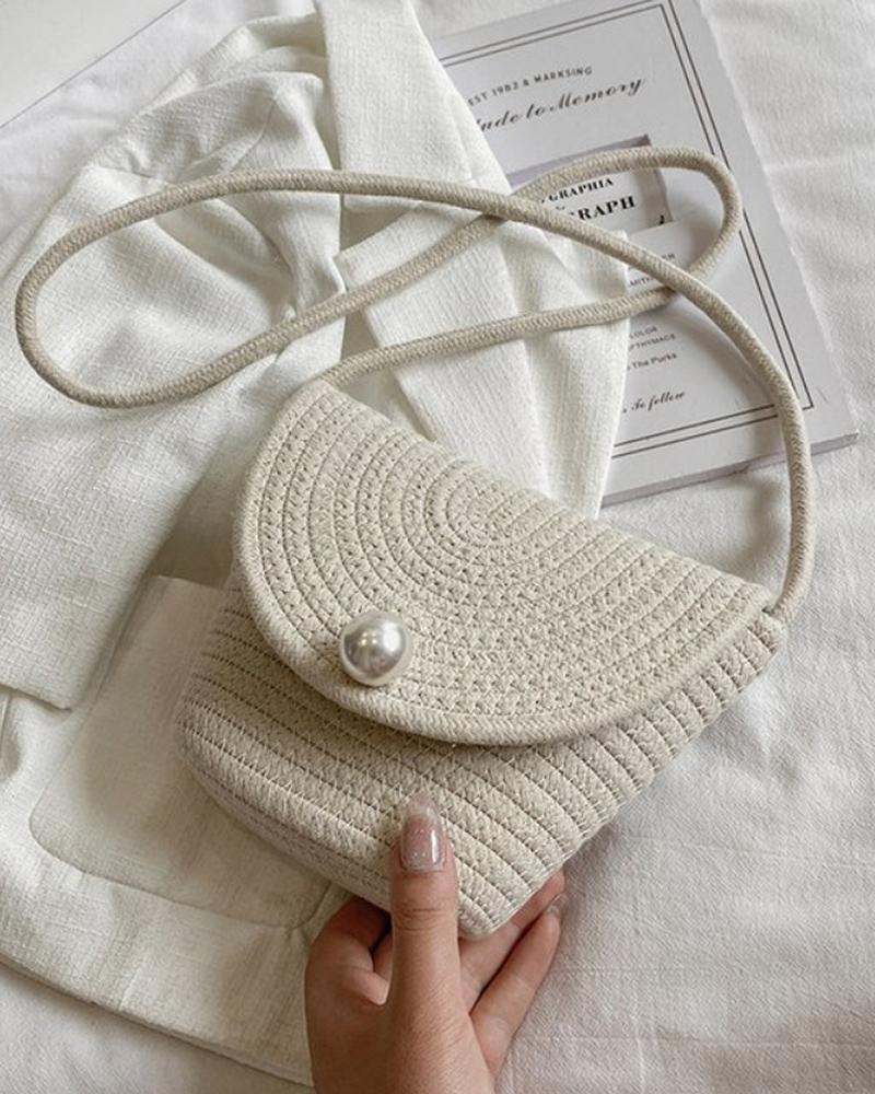 

Straw Pearls Decor Crossbody Beach Bag, White