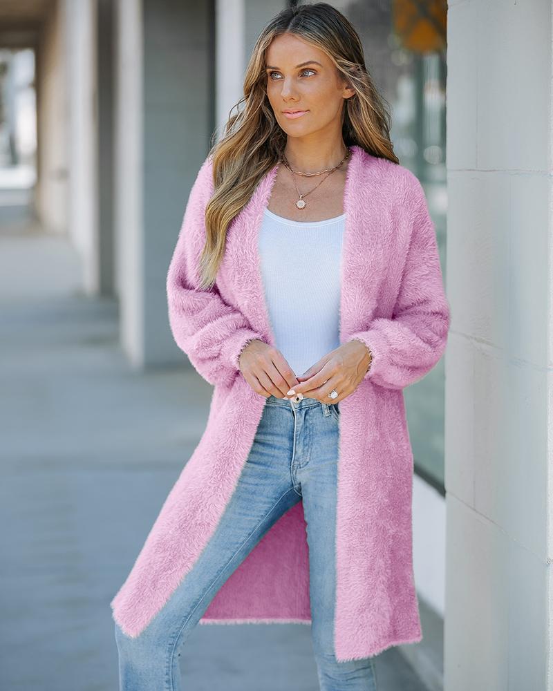 

Fluffy Cardigan Open Front Long Sleeve Knit Longline Sweater, Pink