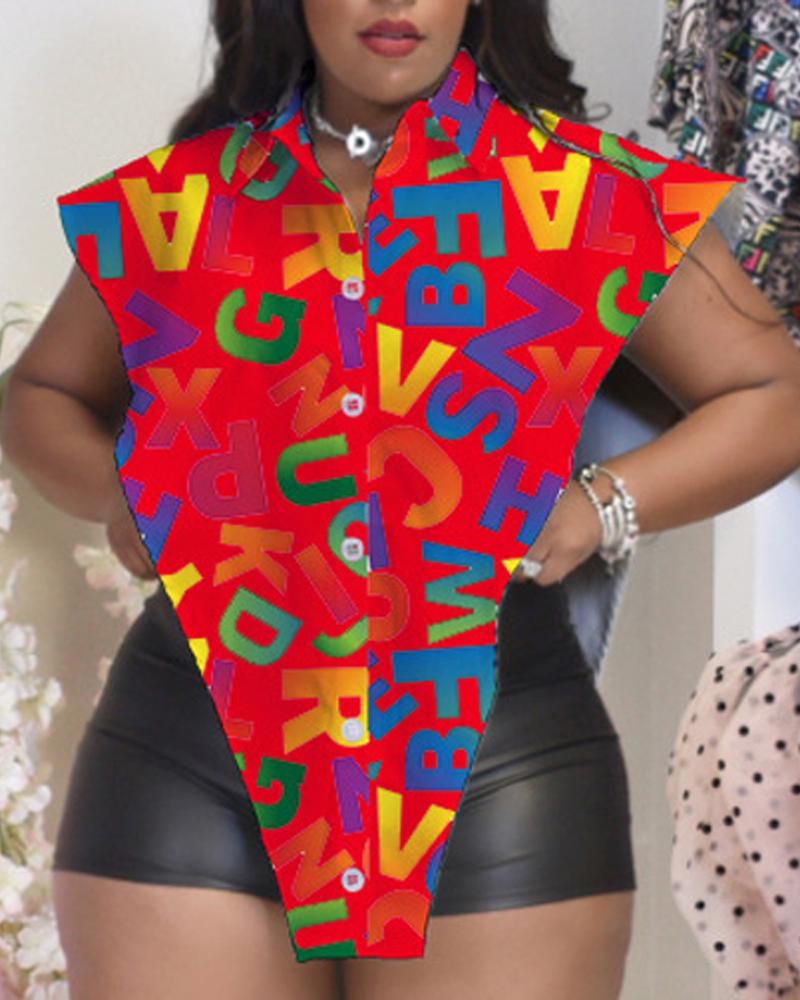 

Plus Size Letter Print Split Hem Button Down Shirt, Red
