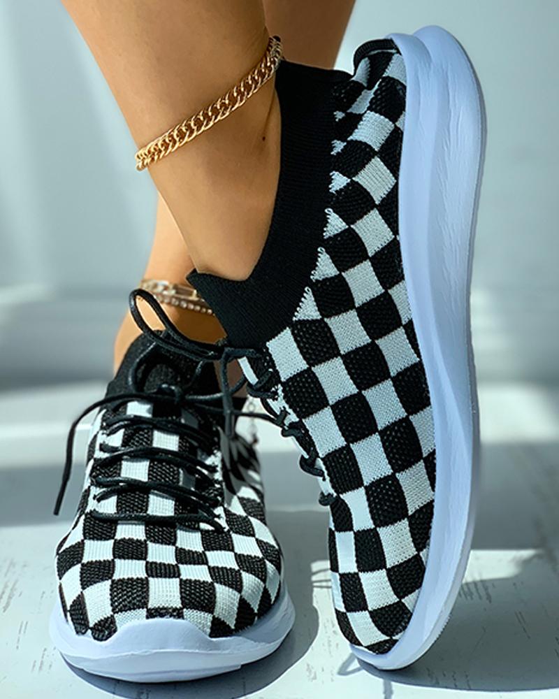 

Checkerboard Pattern Knit Lace-up Casual Sneaker, Black