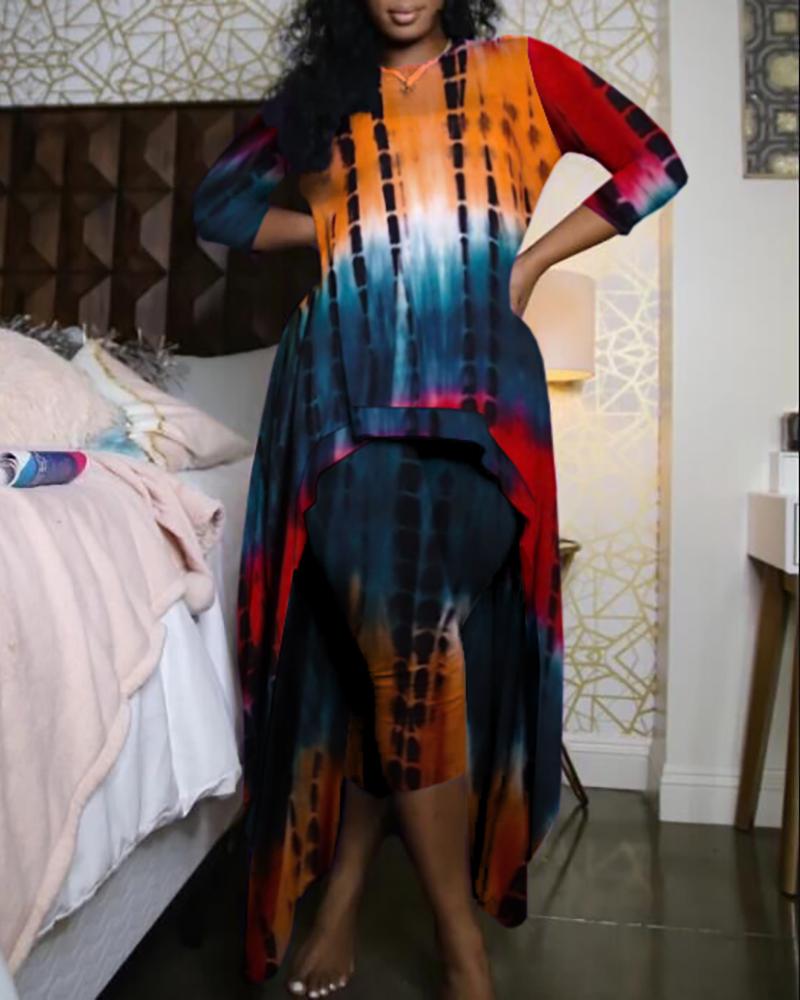 

Tie Dye Print Long Sleeve Dip Hem Top & Shorts Set, Orange