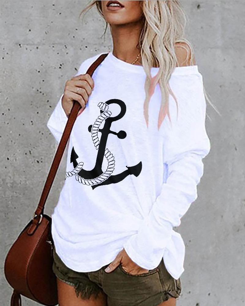 

Anchor Print Long Sleeve Casual Top, White