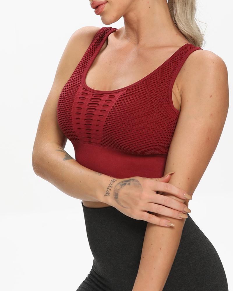 

Round Neck Hollow Out Racerback Tank Top Sports Top, Wine red