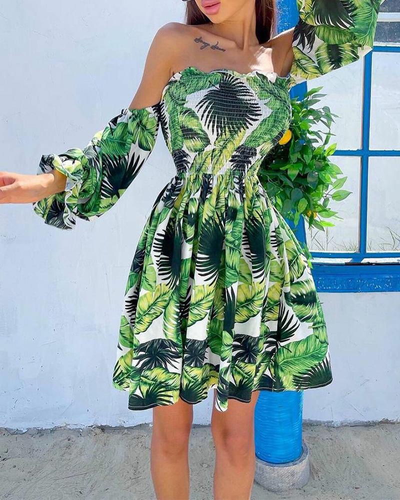 Tropical Off Shoulder Frill Hem Shirred Dress