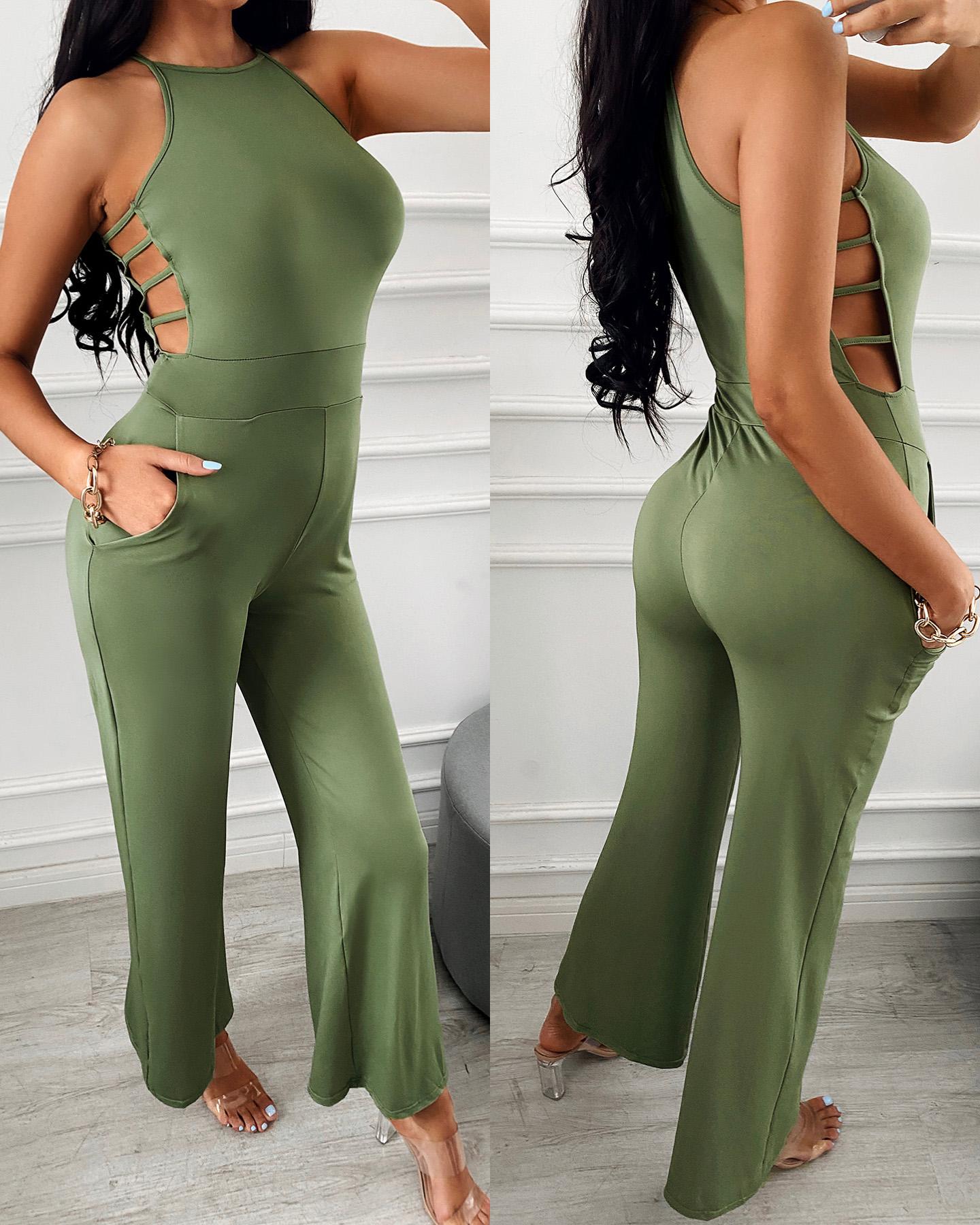 

Halter Cutout Pocket Design Wide Leg Jumpsuit, Army green