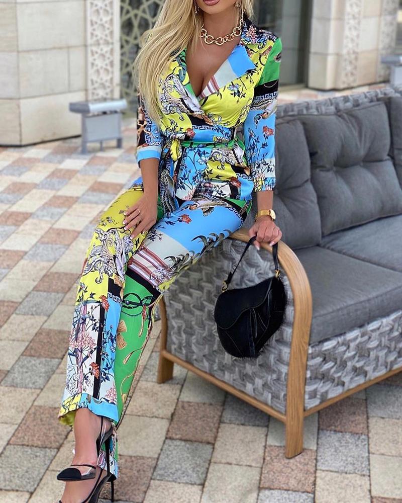 

Scarf Print Blazer Coat & High Waist Pants Set, Multicolor