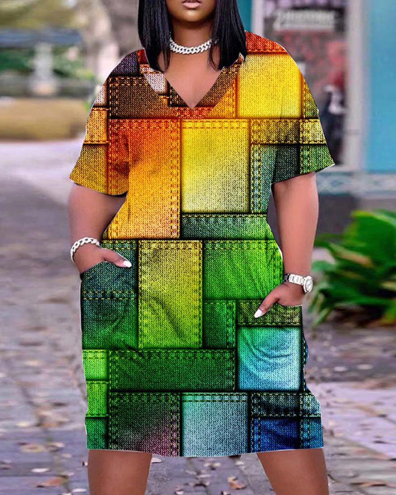 

Plus Size Denim Look Print Rainbow Ombre Pocket Detail Casual Dress, Multicolor