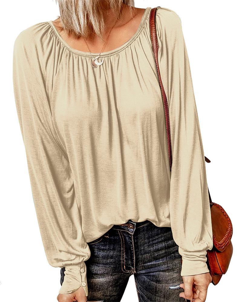 

Round Neck Long Sleeve Ruched Top, Khaki
