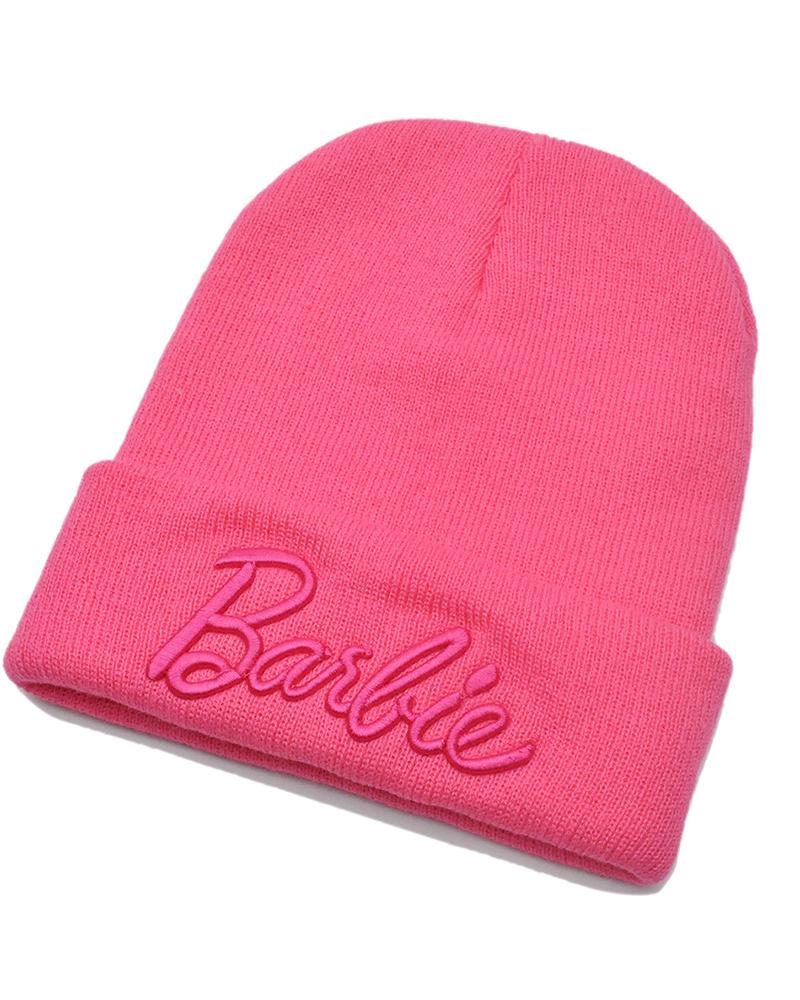 

Chapéu de tricô térmico de inverno com letras bordadas da Barbie, Hot pink