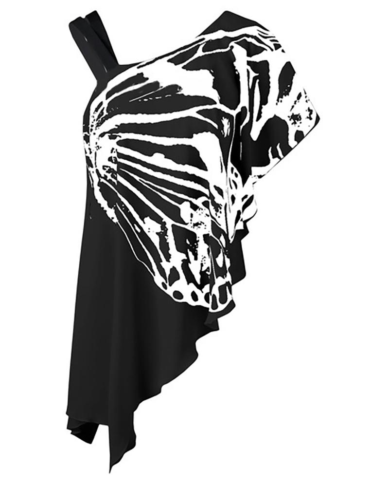

Butterfly Print One Shoulder Irregular Ruffles T-shirt, Black