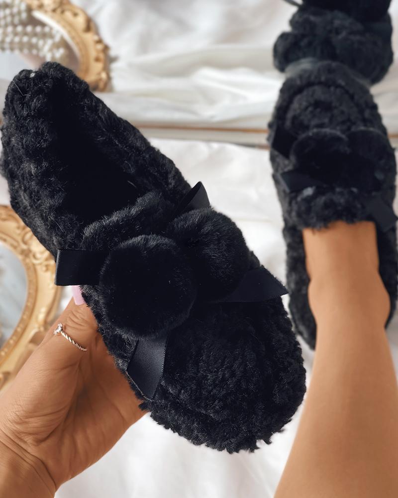 

Pom Pom Decor Fluffy Slip On Shoes, Black