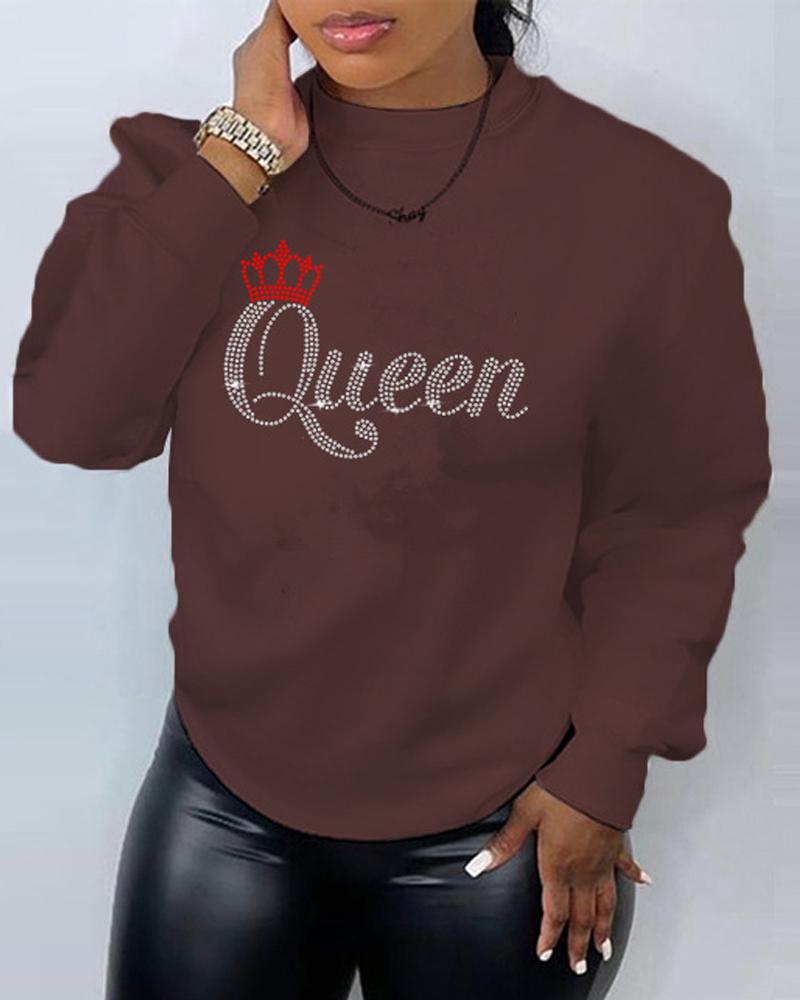 

Plus Size Rhinestone Letter Pattern Casual Sweatshirt, Coffee