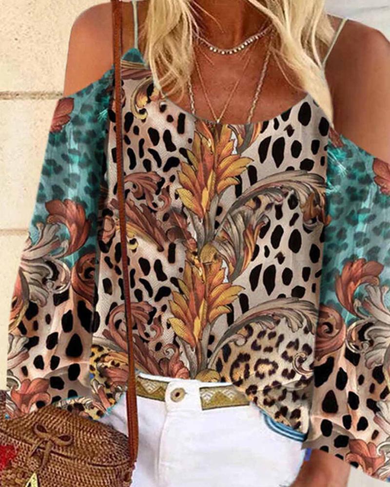 

Floral Cheetah Print Cold Shoulder Top, Brown