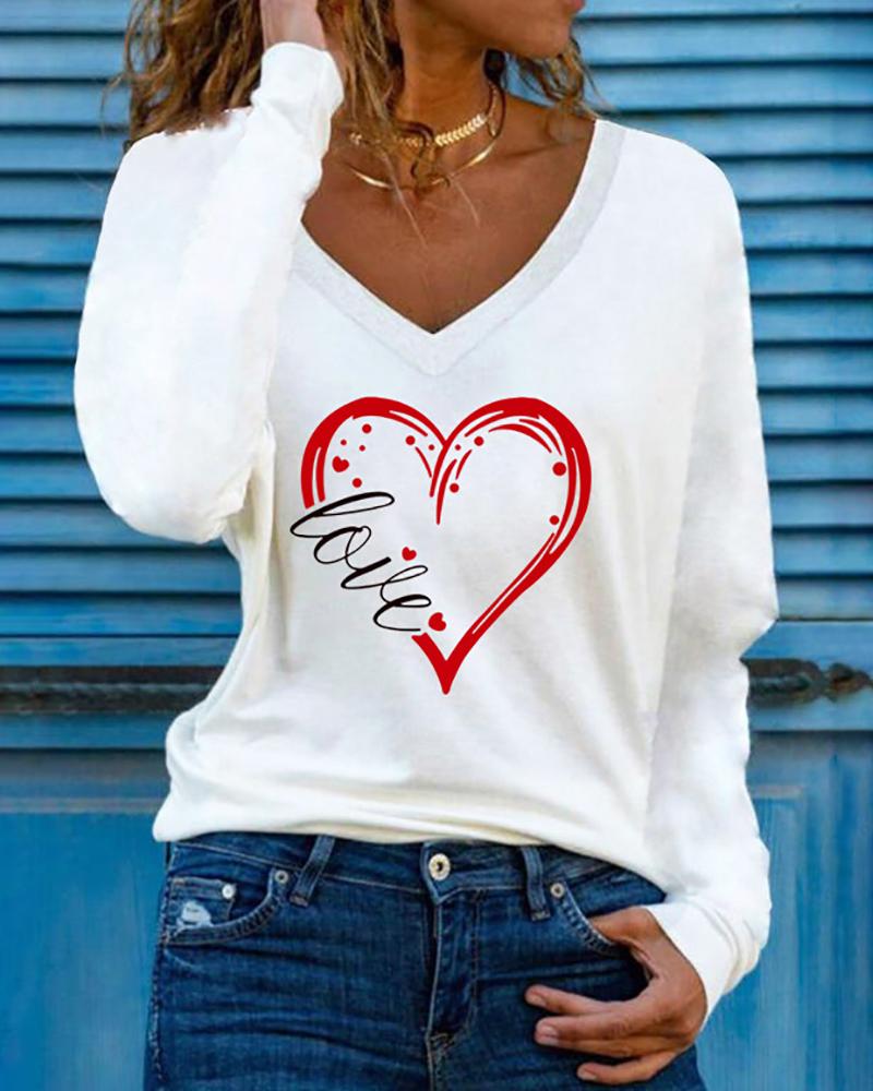 

Valentine' Day Heart Letter Print Long Sleeve Top, White