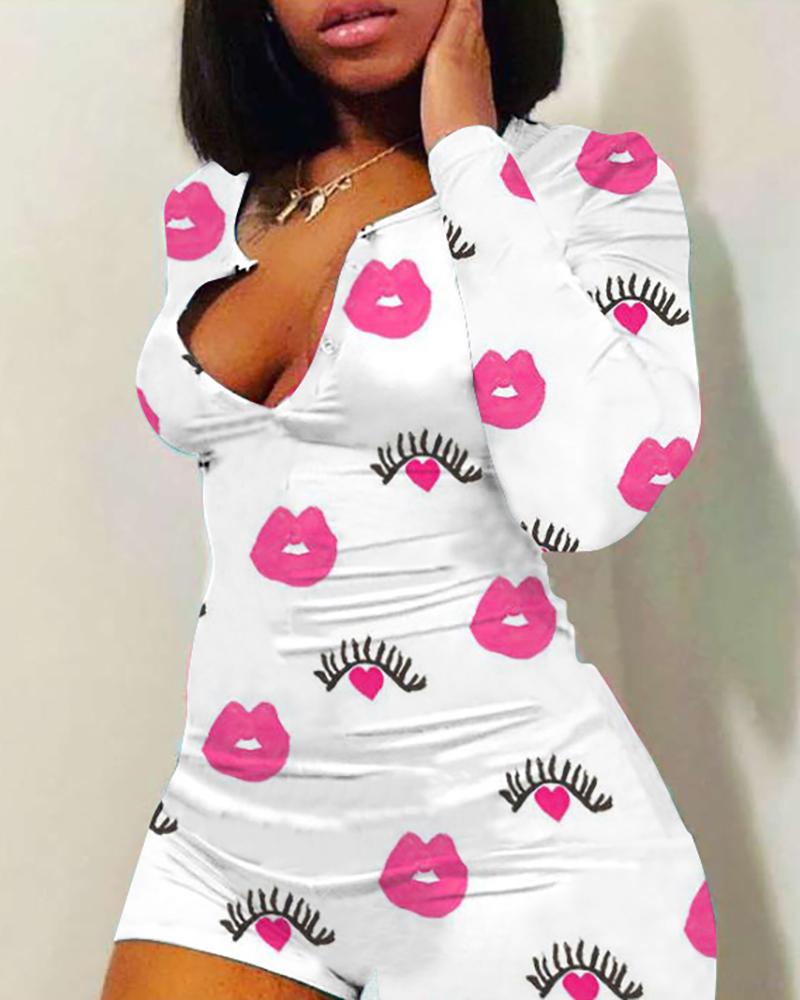 

Lip Cartoon Print Plunge Romper, Pink